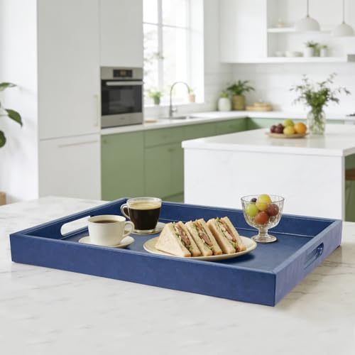 25x18 inches Leather Ottoman Serving Tray with Hole Handles, Rectangle Large Modern Service Tray for Living Room, Coffee Table, Bed, Tea, Food, Butler Countertop, Kitchen, Dinner, Picnic (Blue) - color: Blue, size: 25" x 18" x 2"