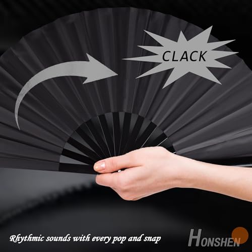 Large Folding Hand Rave Fan for Men Women Dance Gift, Bamboo Nylon-Cloth Black Hand Fan 13 inch (Black Bamboo) - color: Black Bamboo