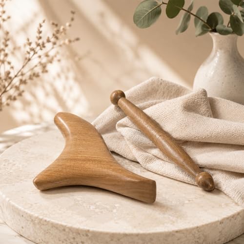 Sandalwood Massage Tools 2 Pcs Triangle Gua Sha Board & Acupressure Stick Ergonomic Massager Wood Stick for Foot, Head, Neck, Hands, Legs