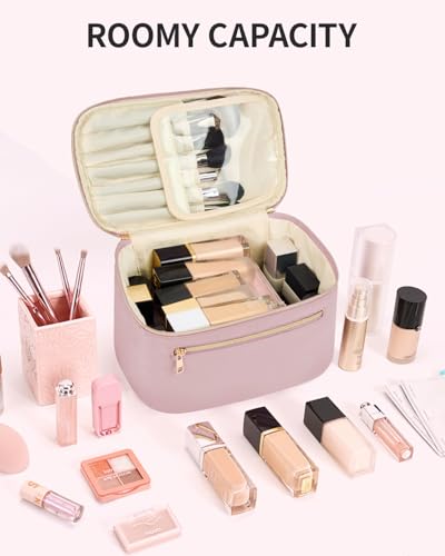 Wandering Nature Makeup Bag, Women Travel Make Up Vanity Case with Handle - color: Pink, size: Large