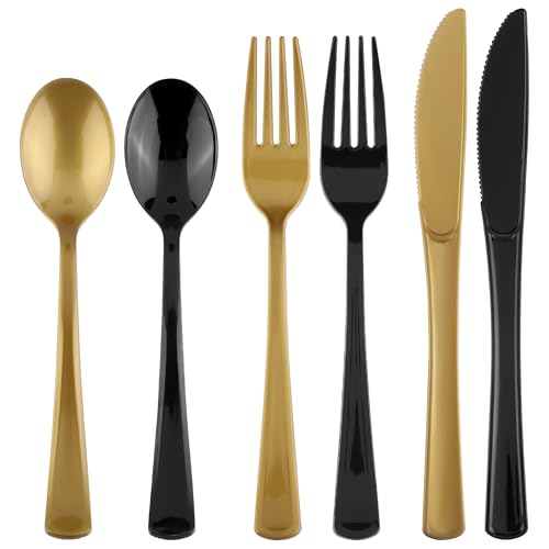 Kochorie 300 PCS Heavy Duty Black and Gold Plastic Silverware Cutlery Set - color: Black and Gold
