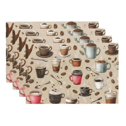 Coffee Cups and Beans Placemats Washable Table Placemat Set of 4 - color: Red Brown, size: Set of 4