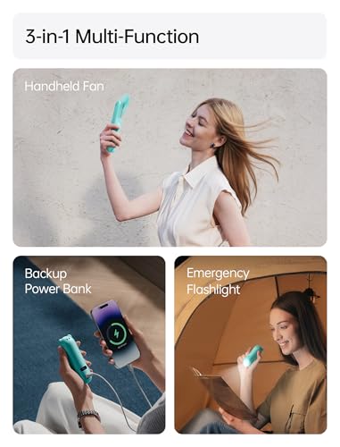JISULIFE Portable Handheld Fan, 3 In 1-Fan, Power Bank, Flashlight, Cyan - color: Cyan
