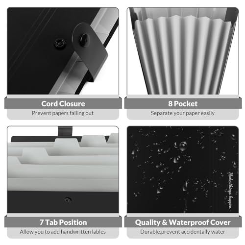 SKYDUE Expanding File Folders with Labels,8 Pockets Accordion File Organizer, Portable Document Paper Organizer, A4 Letter Size Filing Folder for Office, Pack of 4, Black - color: Black*4