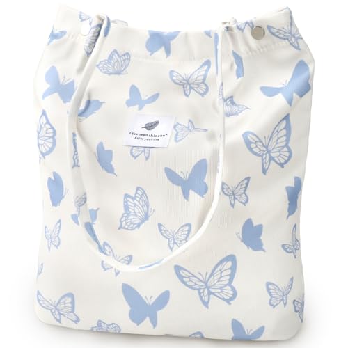 Ayieyill Corduroy Tote Bag for Women Canvas Shoulder Cord Purse with Inner Pocket - color: Blue/Butterfly