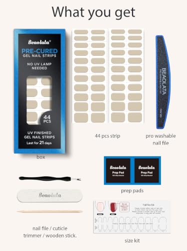 Real Gel Nail Strips (No UV Light Needed) - 44Pcs Salon Quality Nail Stickers - Long Lasting Polish Wraps for Women, Easy Apply & Remove (Nude Oat) - color: Nude Oat