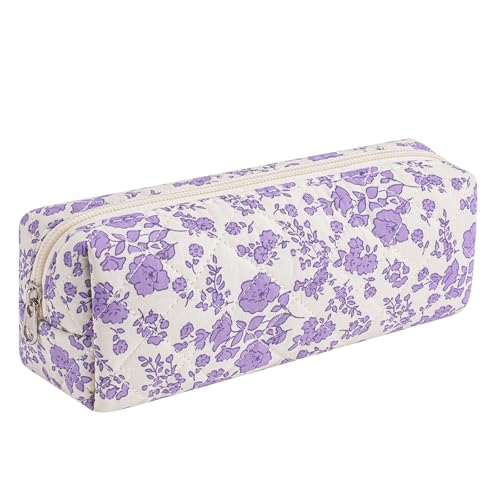 Cute Floral Cotton Makeup Brush Cosmetic Bag for Women, Travel Quilted Zipper Make Up Bag, Flowers Toiletry Organizer Case Kawaii Makeup Cosmetic Travel Cloth Pouch (Big Purple Floral) - color: 18 Big Purple Floral