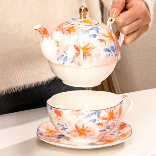 KAMMAK Tea for One Set, Ceramic Teapot, Bone China Tea Set, Cup and Saucer - color: Pink-XY1