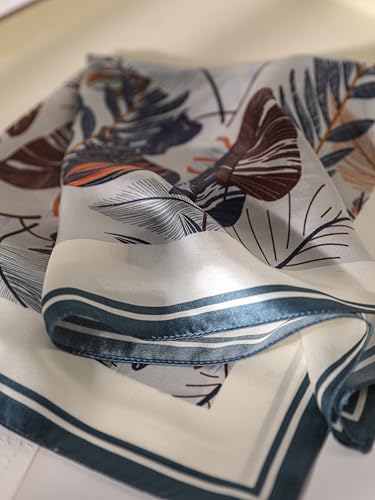 100% Pure Mulberry Silk Scarf 21" Women Square Scarf Neckerchief Headscarf - color: Gray and Blue Leaves