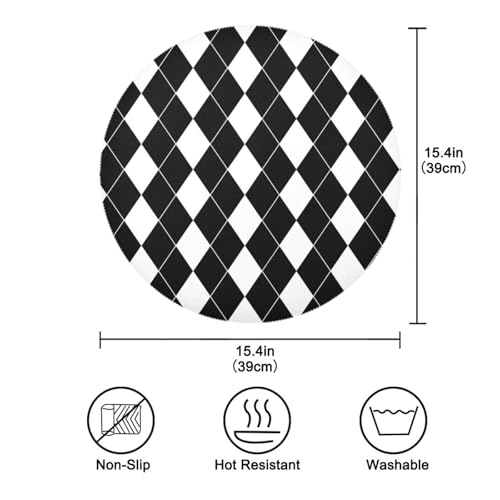 Black White Harlequin Pattern Round Placemats Washable ‌Heat Resistant‌ ‌Non-Slip Place Mats Table Place Mat for Kitchen Dining - color: Black White Harlequin Pattern, size: 15.4x15.4inx1
