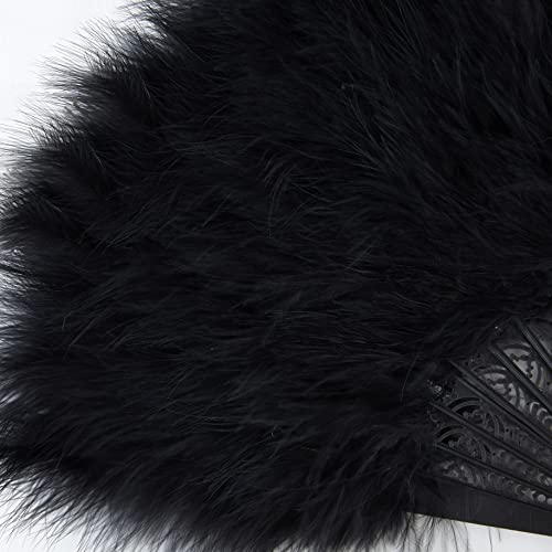 BABEYOND 1920s Marabou Feather Folding Hand Fan - color: Black-black Rib
