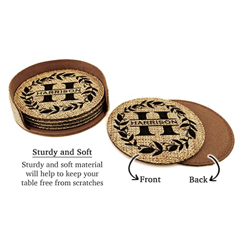 Smile Art Design Family Monogram PERSONALIZED COASTER Set of 6 with base Round Burlap Material Family Name Personalized Print Personalized Gifts House warming Wedding Gift Rustic Kitchen Decor Style3 - color: Style 03, size: Set of 6 - Round Coaster