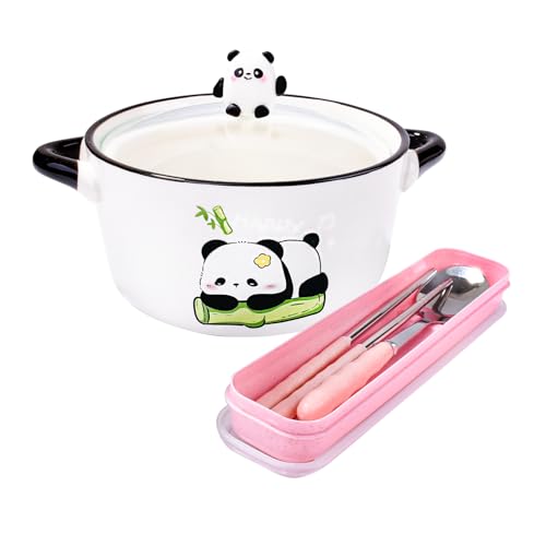 Porcelain Soup Bowl with Lid, Handles, Spoon and Chopsticks, 6'' Ramen Bowl - color: White