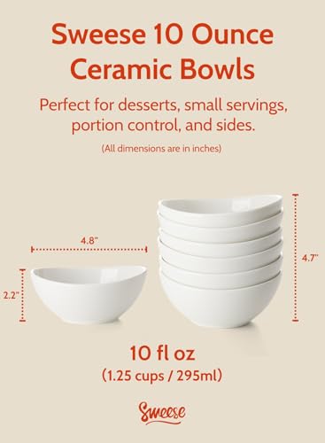 Sweese 10 oz Small White Porcelain Bowls - Set of 6 Dessert, Ice Cream, Snack & Yogurt Bowls, Ceramic Serving Bowls for Rice or Soup - color: White, style: Small (10 oz)
