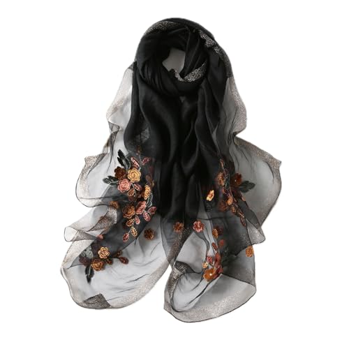 Jeelow Long Silk Blend Embroidered Floral Shawl Scarf Wrap for Women - color: Black Elegance