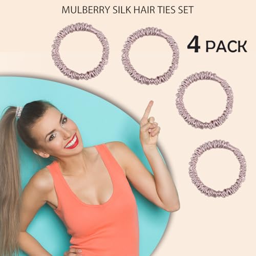 100% Mulberry Silk Hair Ties 4PCS, Silk Scrunchies for Women - color: 4Pcs(Lotus Pink*4)