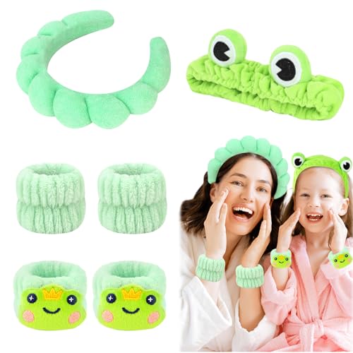 Spa Headbands and Wristbands - 6 Pcs Terry Cloth Sponge Headband Set for Skincare, Makeup Removal, and Shower - color: Frog