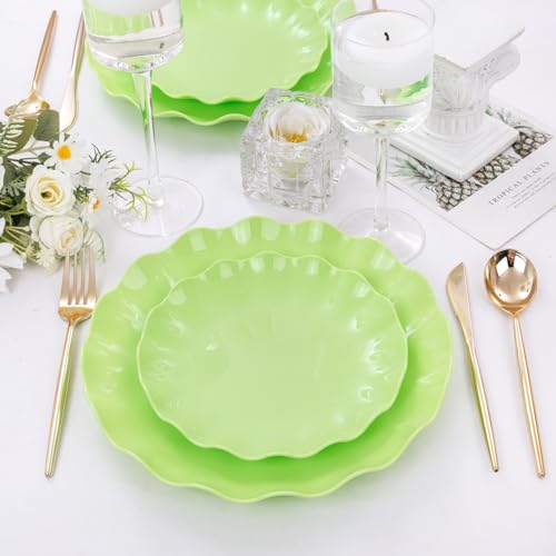 LIYH 24Pcs Green Unbreakable Plastic Plates for Birthday Scalloped - color: Green, size: 24(12 Guests)
