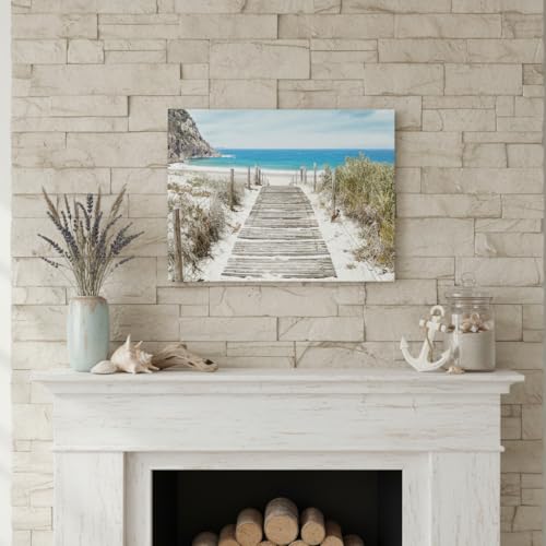 Bathroom Wall Art Beach Picture: Modern Ocean View Sea Canvas Artwork Decor Contemporary Coastal Scene Wave Seascape Painting Horizontal Scenic Nature Landscape Seaside Boardwalk Prints for Living - color: Boardwalk, size: 16"L x 11"W