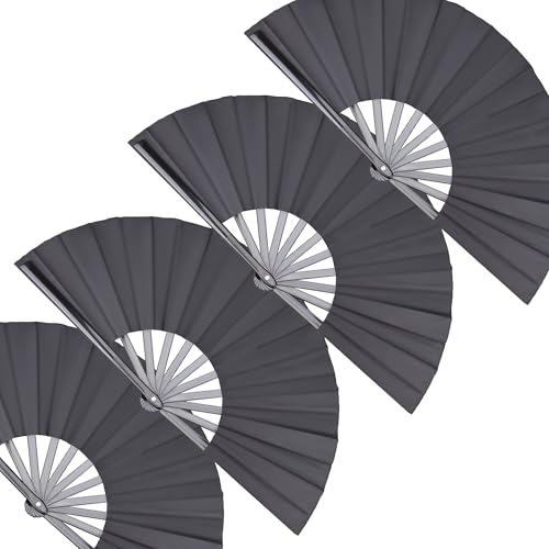 4 Pack Large Folding Hand Fan, Black Chinese Kung Fu Tai Chi Fan Nylon-Cloth Fan For Men And Women Performance, Dance, Decorations, Festival, Gift (4p Folding fan black) - color: 4p Folding fan black