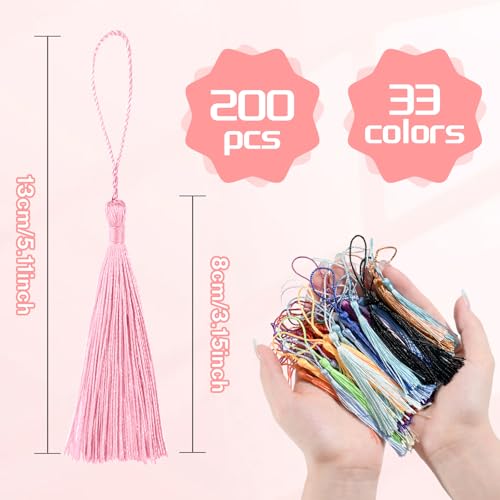 200pcs Bookmark Tassels Bulk 5 Inch Silky Soft Handmade Tassels for Crafts, DIY Jewelry Making, Gift Decorations, 33 Colors - color: Colorful
