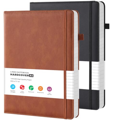FOCUS DAY (2 Pack) A4 Lined Journaling Notebook, 8.5" x 11", PU Leather Cover, 100GSM College Ruled Paper, High School Supplies, for Diary Travel Meeting Study - color: Black_Brow, size: A4