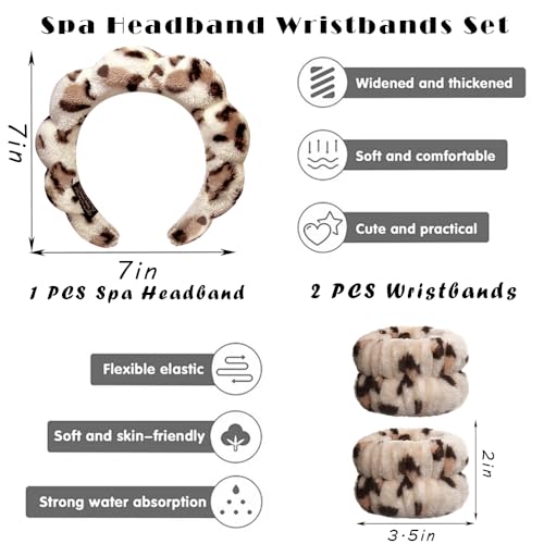 Tetizo Spa Headbands for Washing Face Wristband Set Sponge Makeup Skincare Headband Wrist Towels Bubble Soft Terry Towel Cloth Hairband for Women Puffy Headwear Non Slip Thick Thin Hair Headwear - color: Leopard Khaki