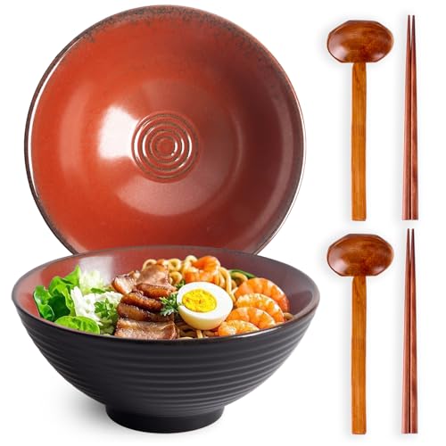 40oz Japanese Ceramic Ramen Bowl Set of 2 with Chopsticks and Spoons for Pho Udon Asian Soup Noodles (Red) - color: Red
