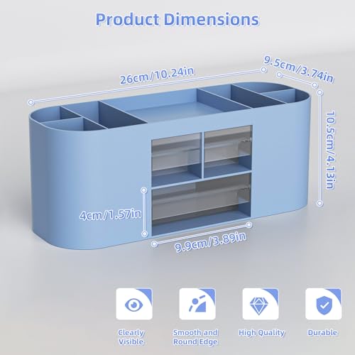 Marbrasse Desk Organizer Pen Holder for Desk with 3 Drawers, Multi-Functional Pencil Holder, Desk Organizers and Accessories with 7 Compartments for Home, School, Classroom(Blue) - color: Blue