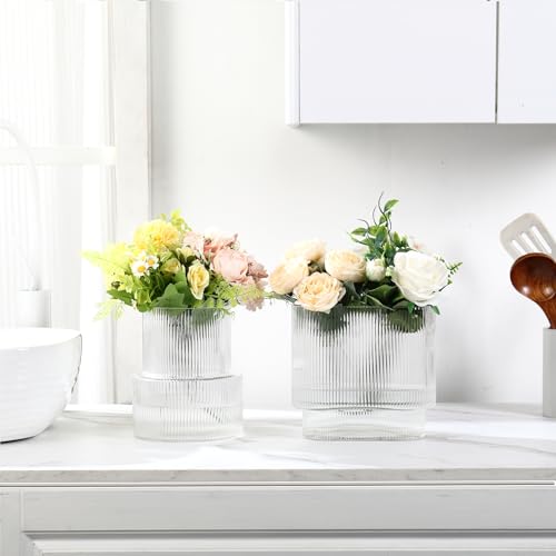 Ribbed Glass Vases, Set of 2 Fluted Vases for Flowers, Clear Vase for Tulips, Modern Glass Vase for Living Room, Dining Table, Office, Entryway, Mantle, Bookshelf, Wedding Gifts - color: Clear, size: Large+Oval