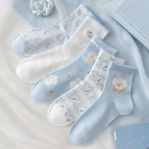Cute Thin Crew Socks for Women Viscose Bamboo Cotton Girls Ankle Pattern Stripe Novelty Preppy Sock 5 Pairs - color: Puppy/Blue