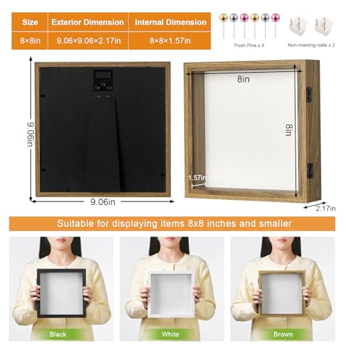 8x8 Brown Deep Shadow Box Picture Frame with HD Clear Glass - color: Brown, size: 8x8