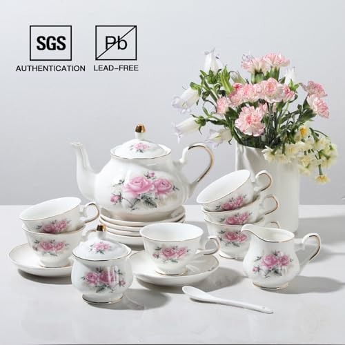 Sweejar Porcelain Tea Set Vintage Floral, British Relief Gold Rim Teapot Cup and Saucer Sets, 22-Piece Tea Sets for Adults, with Teapot, Sugar Bowl, Milk Jug, Spoons, Cup and Saucer (Pink Flower) - color: Pink Flower