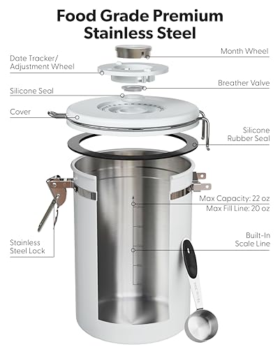 Veken Coffee Canister with Window, Airtight Stainless Steel Container, 22OZ - color: Jet White, size: 22 oz