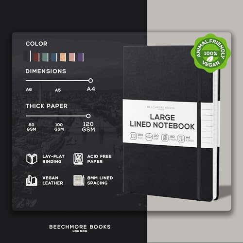 BEECHMORE BOOKS A4 8.5x11.5 Lined Leather Journal For Men 120 GSM, Gift Box - color: Charcoal Black, size: A4 - 8.5" x 11.5" Large