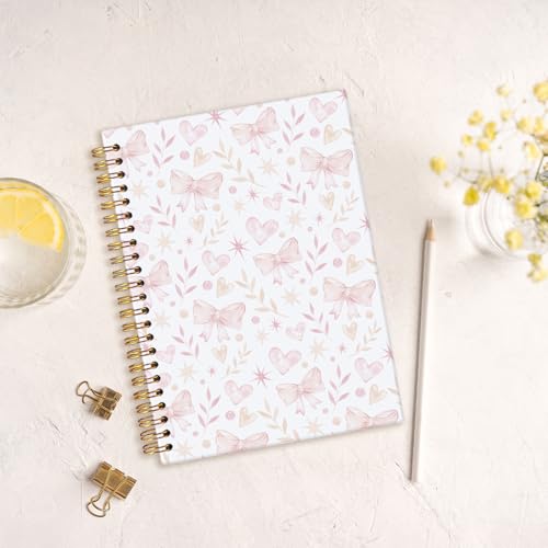MOFUYU Cute Notebooks for School,Pink Bow Hardcover Spiral Notebook - color: Floral bows2(pink)
