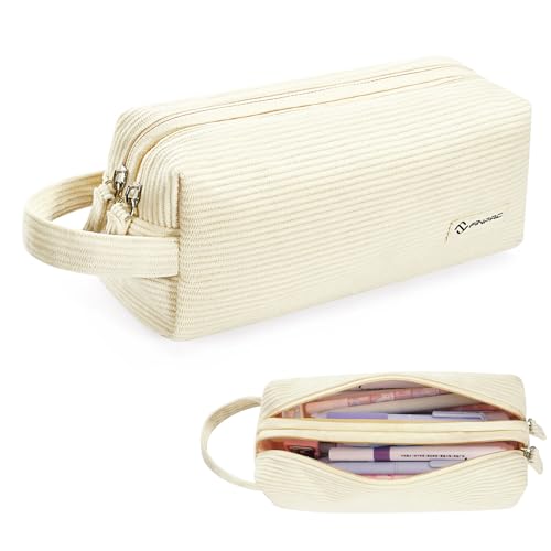 FINPAC Pencil Case, Corduroy Makeup Bag for Women, Kawaii Pen Pouch Holder, Large Storage Box Organizer for Study, Office, or Travel (Beige) - color: Beige