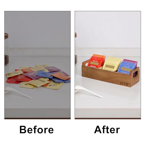 HTB Acacia Wood Small Tea Bag Box with 3 Compartments for Counter Drawer - color: Acaica Wood 1PCS