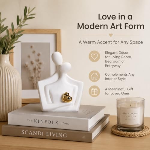 Ceramic Hugging Couple Statue with Gold Heart - Lover Figurine Home Decor Aesthetic, Romantic Gift for Her on Wedding Anniversaries and Valentine's Day Decor for Living Room Bedroom Shelf - size: Hug L-7.5in