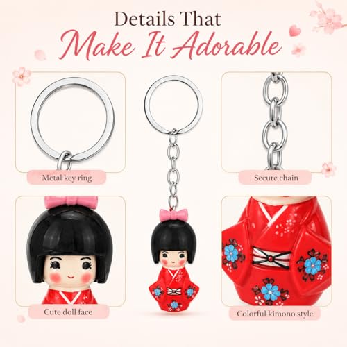 Gadpiparty 6pcs Traditional Japanese Kimono Kokeshi Doll Keychains Asian Geisha Figurine Ornament Bag Purse Charms DIY for Car Interior Hanging Decorations Random Color