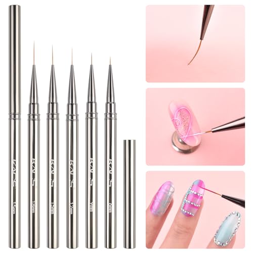 KADS Fine Liner Nail Brush Metal Handle Nail Painting Design Brush Drawing Pen 6mm 9mm 12mm 15mm 18mm (Set of 5Pcs) - color: Set of 5Pcs (All Sizes)