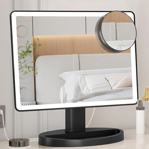 FUNTOUCH Large Lighted Makeup Mirror with Lights (Black) - color: Black a