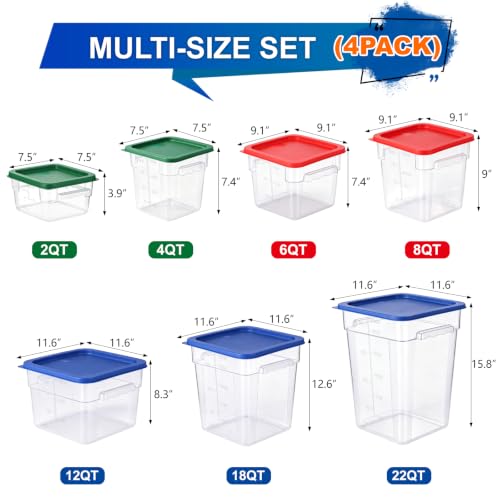 4Pack - 8QT Food Storage Containers with Lids & Handles, Polycarbonate Clear Airtight Food Container with Scale Marks for Bread Proofing, Flour, Commercial Grade, Restaurant & Kitchen, Square, Red - color: Red, size: 8QT