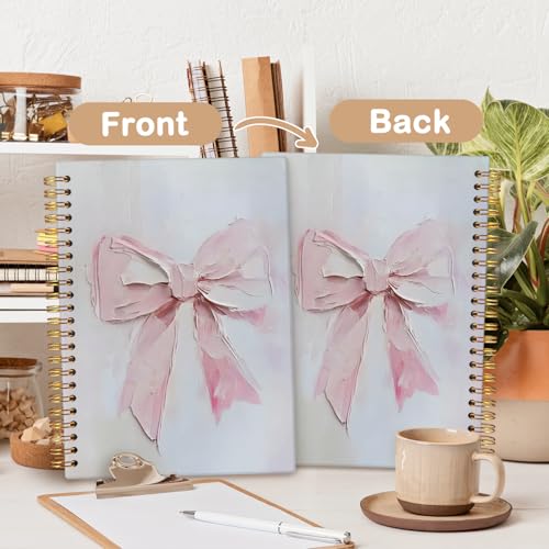 MOFUYU Pink Bows Notebook for Women,Coquette Pink Bow Spiral Notebook - color: white(Pink)