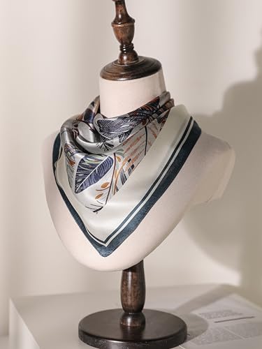 100% Pure Mulberry Silk Scarf 21" Women Square Scarf Neckerchief Headscarf - color: Gray and Blue Leaves