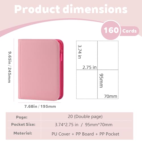 Pink Card Binder 4 Pocket, Trading Card Binder with Zipper, Holds 160 Cards - color: Pink