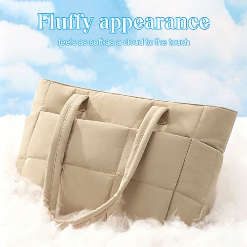 Puffer Tote Bag for Women, Quilted Multi-Pocket Lightweight Shoulder Bag for Work, Travel, Gym - color: Khaki