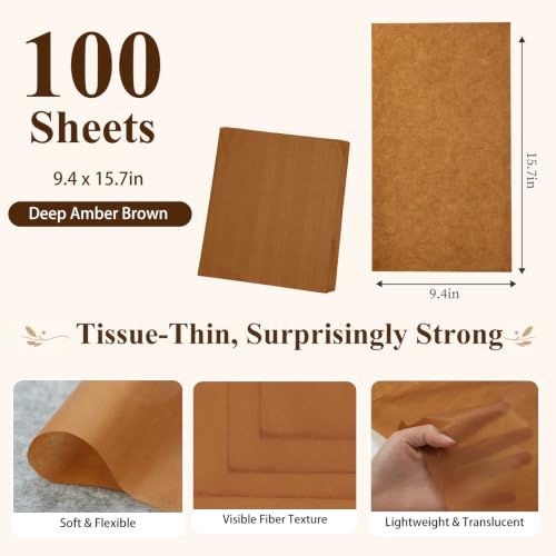 100 Sheets Cicada Wing Rice Paper - Handmade Bamboo Pulp Xuan Paper for Mixed Media, Gelli Printing & Calligraphy - Ultra-Thin, Strong & Translucent Art Paper for Collage, Layering & Journaling - color: Deep Amber Brown