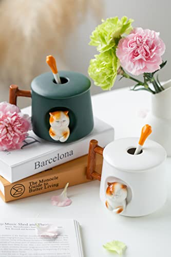 DIHOclub Adorable 3D Ceramic Cat Mug with Lid and Spoon - Perfect for Coffee, Tea, Milk, and More - Ideal Gift for Animal Lovers - 14 Ounces (Green) - color: Green