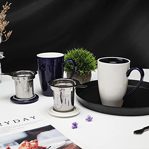amhomel Porcelain Tea Mug with Infuser and Lid, 16 Ounce Ceramic Tea Cup for Loose Leaf, Coffee, Cocoa and Milk, Tea Gift for Tea Lovers, Set of 2(Navy Blue and White) - color: navy and white